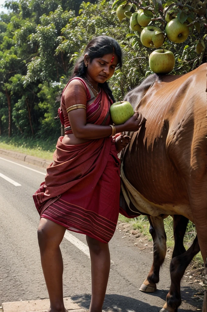 a Indian poor women is making a big cow out of apples on a road people are watching it