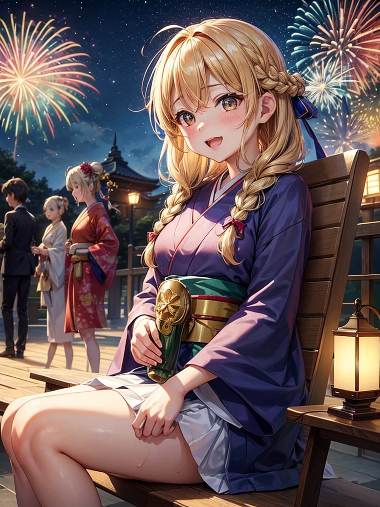 (highest quality)), ((masterpiece)), (family friendly), Perfect Face,Shiny skin,Beautiful breasts,Shiny skin、Kyoto Animation style painting、Hair、Golden Eyes、Sunburned skin、night、Braided Hair、(((女の子2人)))、(((firework)))、(((night)))、Sit on a bench、(Sweat)、
、kimono、(((ビールジョッキ)))、smile、look up、Open your mouth、