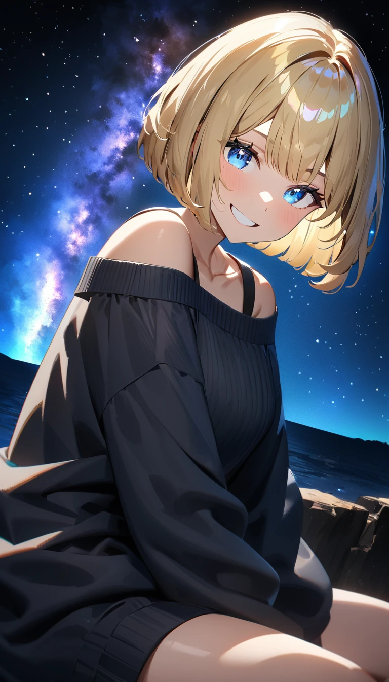 ((grin)), ((off-shoulder sweater:1.3, Quite thick shoulder straps)), ((black sweater)), ((blond hair, bob cut:1.3)), ((sunglasses, hand to sunglasses)), (((from side))), ((((upper body)))), bare legs, ((Leaning to side)), (((a beautiful starry sky, the Milky Way shining beautifully in the night))), ((sitting on the very high cliff)), wavy hair, inward curled hair, ((sea, nature)), breasts, teenager, (looking at viewer), oversized clothes, puffy long sleeves, collarbone, head tilt:1.3, (((blue eyes))), happy smile, (((anime style))), (best quality, 4K, 8K, highres, masterpiece:1.2, ultra-detailed, ultra-detailed eyes, HDR, uhd, studio lighting, ultra-fine painting, sharp focus, physically-based rendering, extreme detail description, professional, vivid colors, bokeh)