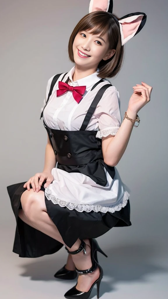 A bunny girl in a light pink maid outfit working at a maid cafe:1.5，The best smile:1.5，Full Body Shot:1.5，Gray background:1.5，Wearing black high heels:1.5，Brown hair, short cut, side wavy:1.5，Squat:1.5