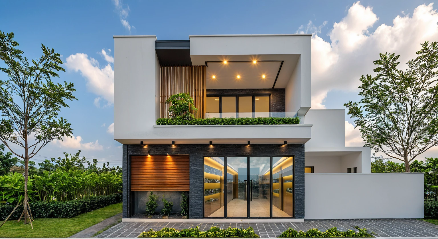 Masterpiece, high quality, best quality, authentic, super detailed, outdoor, aiaigroup, modern 2-storey townhouse style, stairs, white walls combined with conwood, wind encaustic tiles, iron gate, ceiling conwood, flowers, path, summer evening, grass, trees, sky, clouds, (daylight: 1.1)