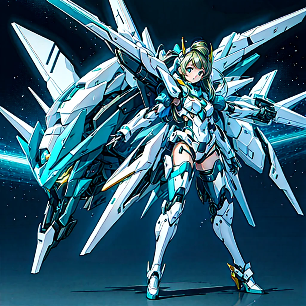 masterpiece, high quality, Minami Kotori, who has been turned into a mechanical body cyborg、Gynoid Cyborg Body、mechanical parts、Blue and white leotard armor、solo focus、Single image、from front, full body、Mechabare、The body cover is open, exposing the precision machinery.、Black background