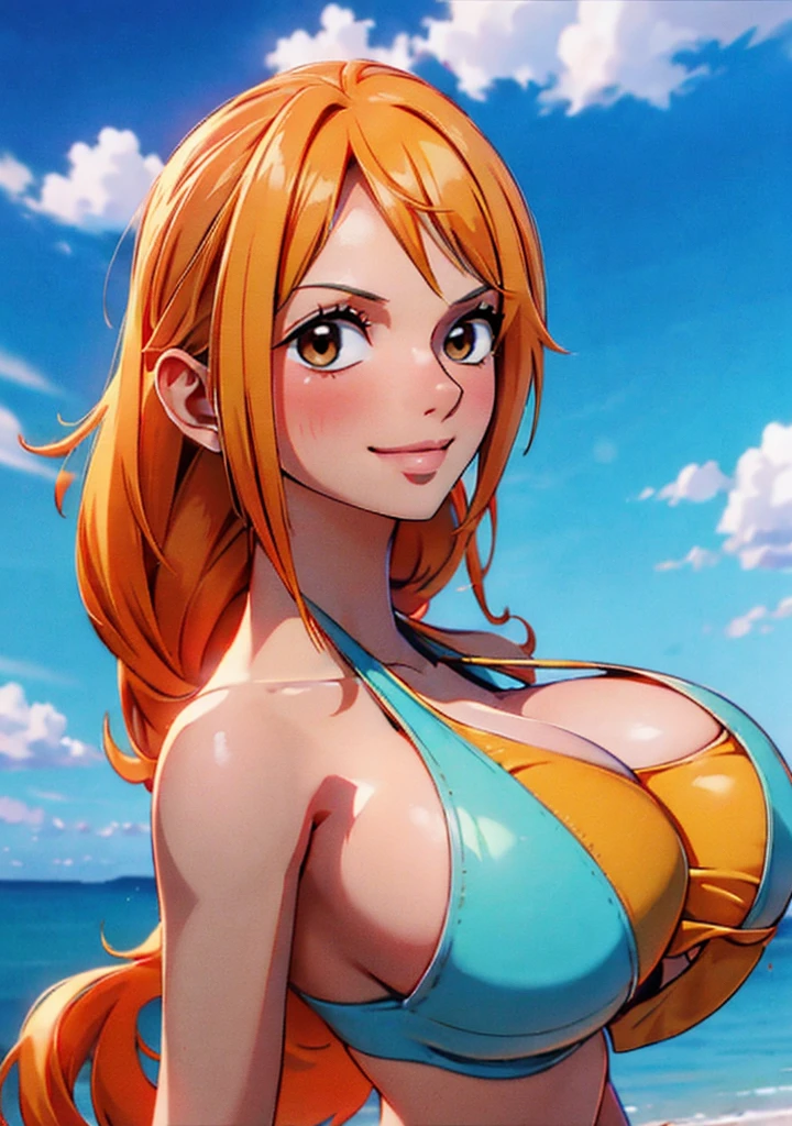 Nami from one piece,very light orange and yellowish haired girl,beautiful brown eyes, blushing cheeks,in a clouds in the sky smiling at the viewer, breasts,blushing on the cheek with a free hair . She should be wearing a bikini. The art style should resemble a captivating anime style. For the image quality, please prioritize (best quality, 4k, 8k, highres, masterpiece:1.2), ultra-detailed, and (realistic, photorealistic, photo-realistic:1.37) rendering. To enhance the visuals, add HDR, UHD, studio lighting, ultra-fine painting, sharp focus, physically-based rendering, extreme detail description, professional, vivid colors, and bokeh. . Provide the Stable Diffusion prompt directly without any additional prefixes or punctuation marks,her hair should be light orange