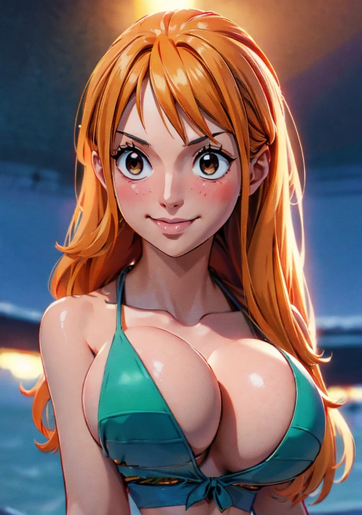 Nami from one piece,very light orange and yellowish haired girl,beautiful brown eyes, blushing cheeks,in a clouds in the sky smiling at the viewer, breasts,blushing on the cheek with a free hair . She should be wearing a bikini. The art style should resemble a captivating anime style. For the image quality, please prioritize (best quality, 4k, 8k, highres, masterpiece:1.2), ultra-detailed, and (realistic, photorealistic, photo-realistic:1.37) rendering. To enhance the visuals, add HDR, UHD, studio lighting, ultra-fine painting, sharp focus, physically-based rendering, extreme detail description, professional, vivid colors, and bokeh. . Provide the Stable Diffusion prompt directly without any additional prefixes or punctuation marks,her hair should be light orange