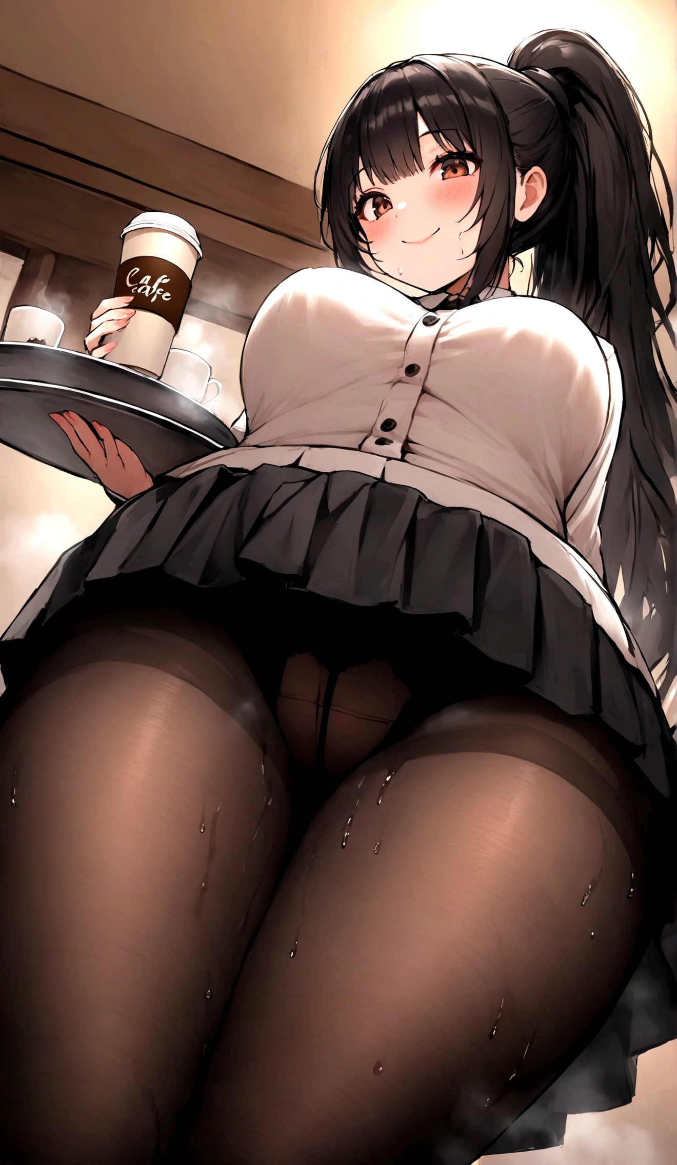One Woman、One Man、The man is looking up her skirt、Beauty、Cafe、淫乱Cafe店員、Cafe店員、Age 25、Tight Skirt、Looking down at the viewer, ponytail, Highest quality, Focus on the thighs, smile, Black Pantyhose, panties under pantyhose、Plump thighs、Big Ass、Big 、 Black Hair,My thighs are steaming between the legs 、Sweaty pantyhose、Angle from directly below、Waiting for Obon、Coffee cup on the tray