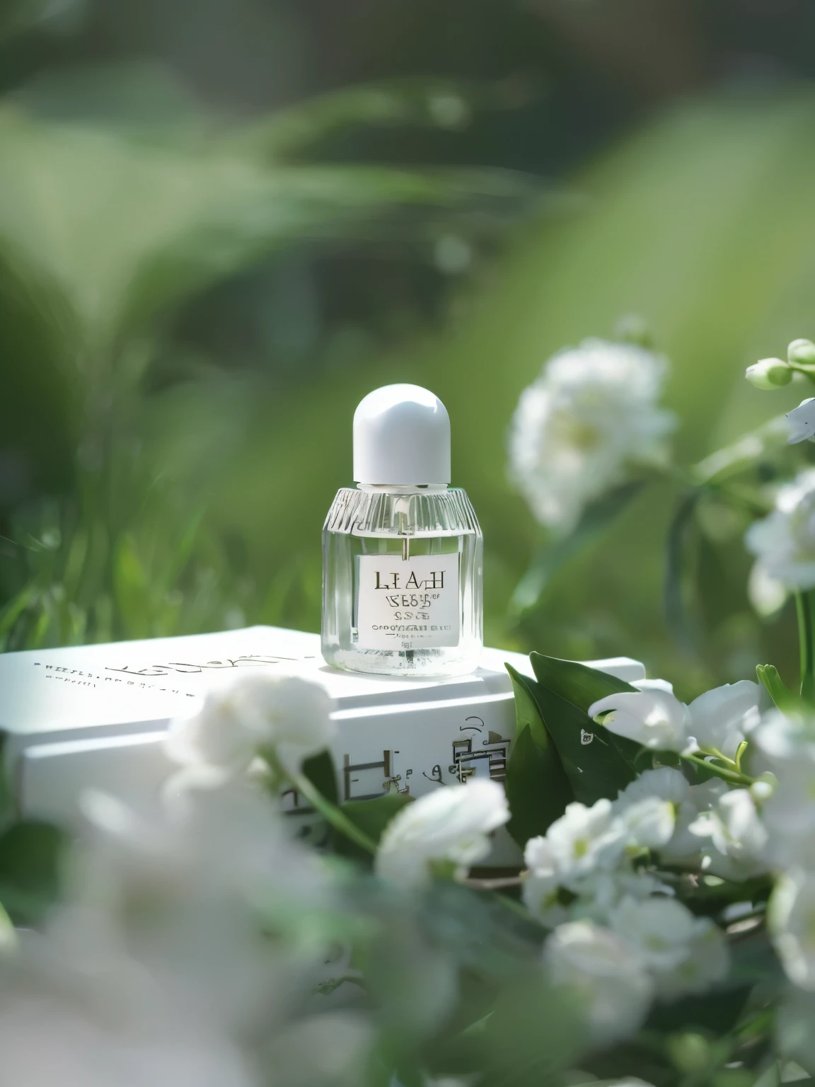 A bottle of perfume on a book, High-quality product photography, Lush, Product Photography 4K, Softly, Floating in perfume, beautifully bright white, Lush的景色, Take photos for skincare brands, Abundant wildlife, Professional Product Photography, Lush的环境, Lush的环境, full of light, 1/320, Miniature Product Photos，white perfume bottle with brand text "LILY OF THE valley" and logo of the company 'BEaST"a. E Hey", placed on an old book in green garden, close-up shot, high resolution, high quality, high detail, soft light, daylight, bright scene, minimalistic style, modern design, hyper realistic, sharp focus, clean background, depth of field, by H Boydell and a Whiteley, captured using Canon EOS R5 camera, using Canon EF lens