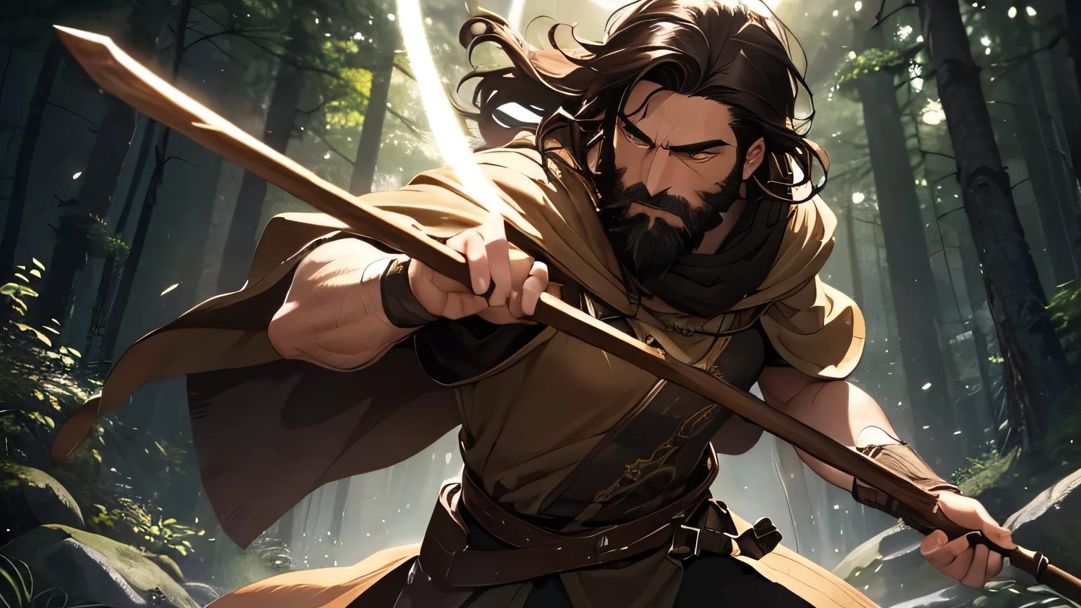 man with dark brown beard, long dark brown hair, light yellow-brown eyes and dark brown and light brown tunic from the 4th century BC. C., with a light brown cloak, about 50 years old, attacking with wooden stick, in a dark and mysterious forest at night, movement scene in the forest, changing lighting, hyperrealistic, cinematic lighting,