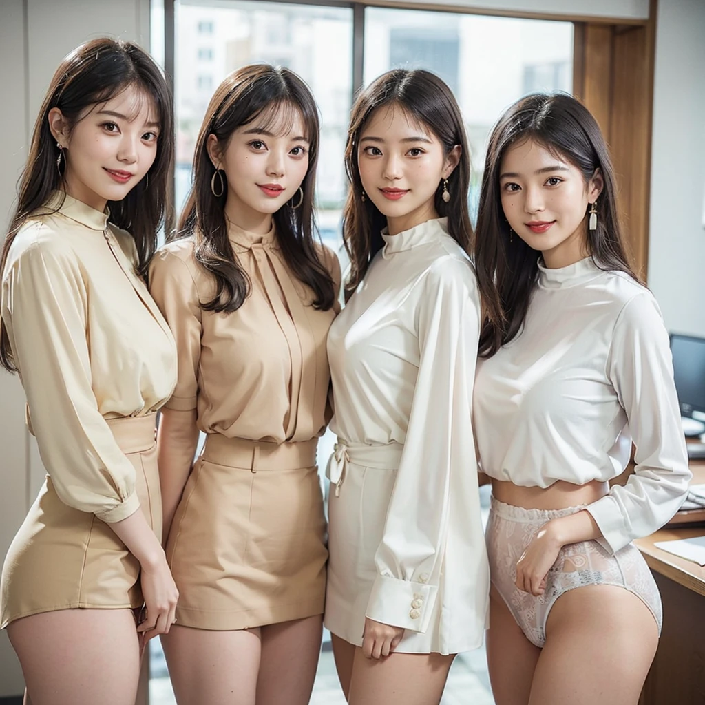 (A close-up photo of three beautiful Japanese office ladies), Everyone looking at the viewer, In a large office, (All smiling)、Highest Resolution, masterpiece, (All wearing elegant formal white high-neck blouse, beige office-suit and panties), All wearing earrings, (exposing thigh)