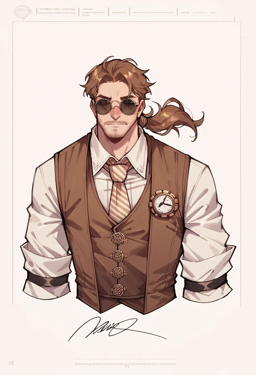 Wizard Male , Brown vest ,Tie , white Tied hair ,Medieval Clothing ,Round Sunglasses ,steampunk