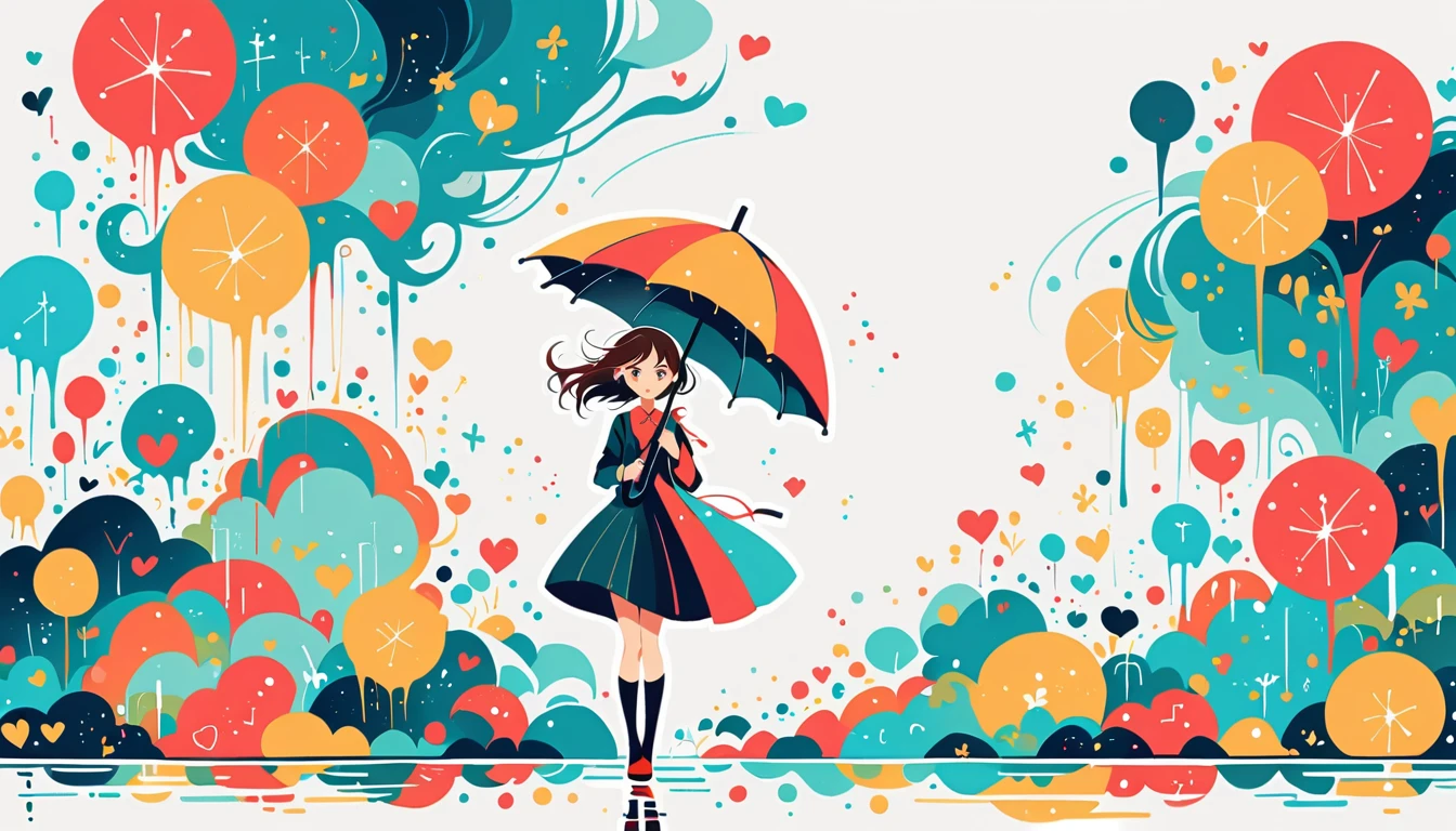 Black Star Red and White Style, Simple line initials,Abstract art,Urban Background, Colorful Hearts ,(((The most beautiful girl of all time))), (((Little))), Walk with a cute amoeba. rain, Put up an umbrella