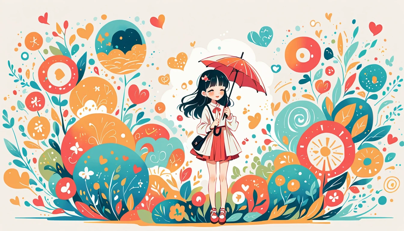 Black Star Red and White Style, Simple line initials,Abstract art,Urban Background, Colorful Hearts ,(((The most beautiful girl of all time))), (((Little))), Walk with a cute amoeba. rain, Put up an umbrella