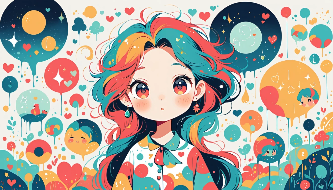 Black Star Red and White Style, Simple line initials,Abstract art,Urban Background, Colorful Hearts ,(((The most beautiful girl of all time))), (((Little))), Walk with a cute amoeba. rain, Put up an umbrella