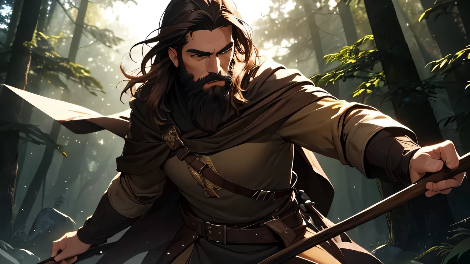 man with dark brown beard, long dark brown hair, light yellow-brown eyes and dark brown and light brown tunic from the 4th century BC. C., with a light brown cloak, about 50 years old, attacking with wooden stick, in a dark and mysterious forest at night, movement scene in the forest, changing lighting, hyperrealistic, cinematic lighting,