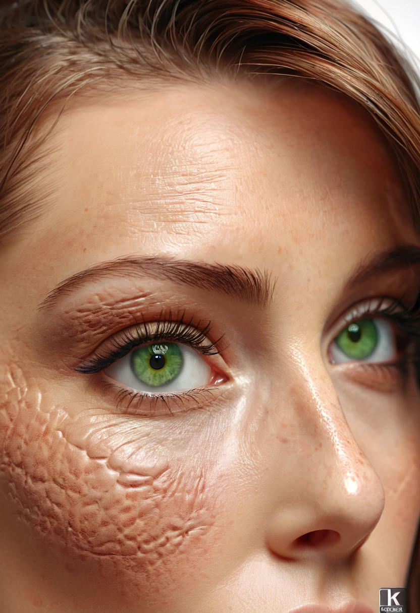 a 1 woman who loeking in to the camera , long brown hear, green eyes, 8K Ultra HD, masterpiece, 3D rendering,(high resolution detail of human skin texture : 1.5)