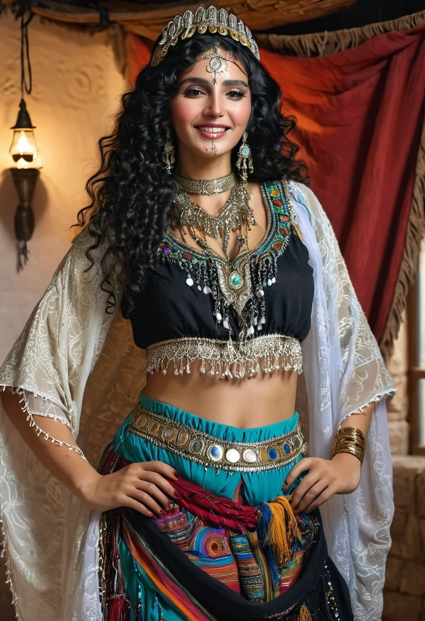 absurderes,(​masterpiece、top-quality、8K ),intricate detailes,ultra-detailliert、1 Beautiful Arab Woman、(Gypsy national costume,:1.4)Cinematic composition,A slight smil、darkskinned、black curly hair、In the gypsy house、Hyper realistic, with heels, Perfect Anatomy