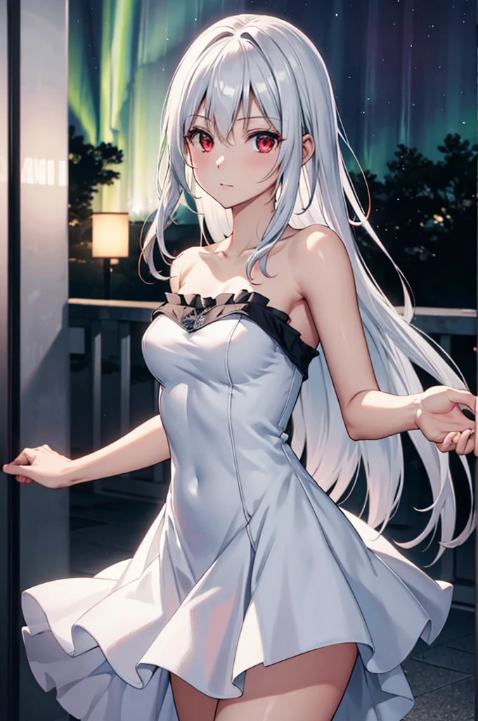 1girl, solo, wolf ears, wolf tail, green eyes, long hair, white hair, white dress, lace_trim, flat chest, cat ear, sleeveless, cat pose,