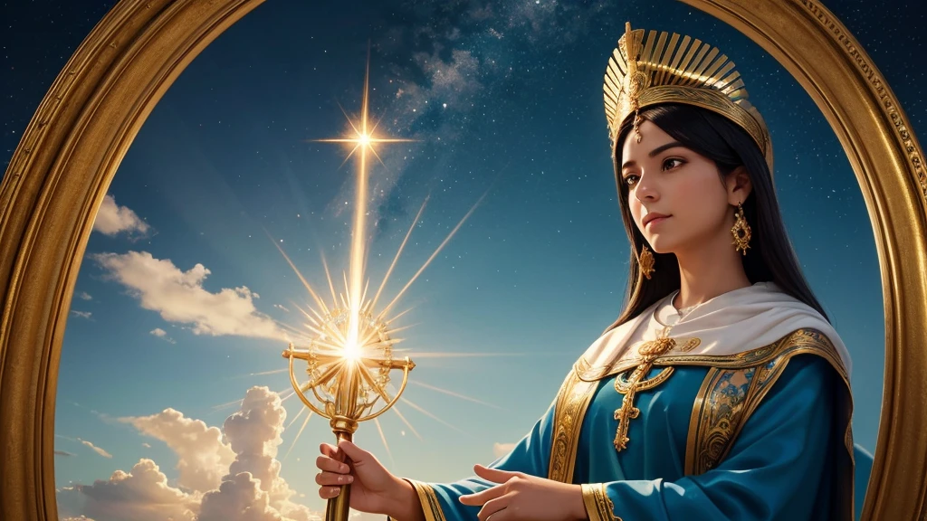"Create an image of Our Lady of Aparecida, patron saint of Brazil, in a realistic style, with a serene and welcoming expression. She should be dressed in a blue and gold mantle, decorated with stars and detailed embroidery. The image should have a golden crown on her head, with delicate, sparkling details. The background should be a heavenly scene, with soft clouds and radiant light emanating from Our Lady. The resolution should be cinematic and 4K, with vibrant colours and an impressive touch of realism."