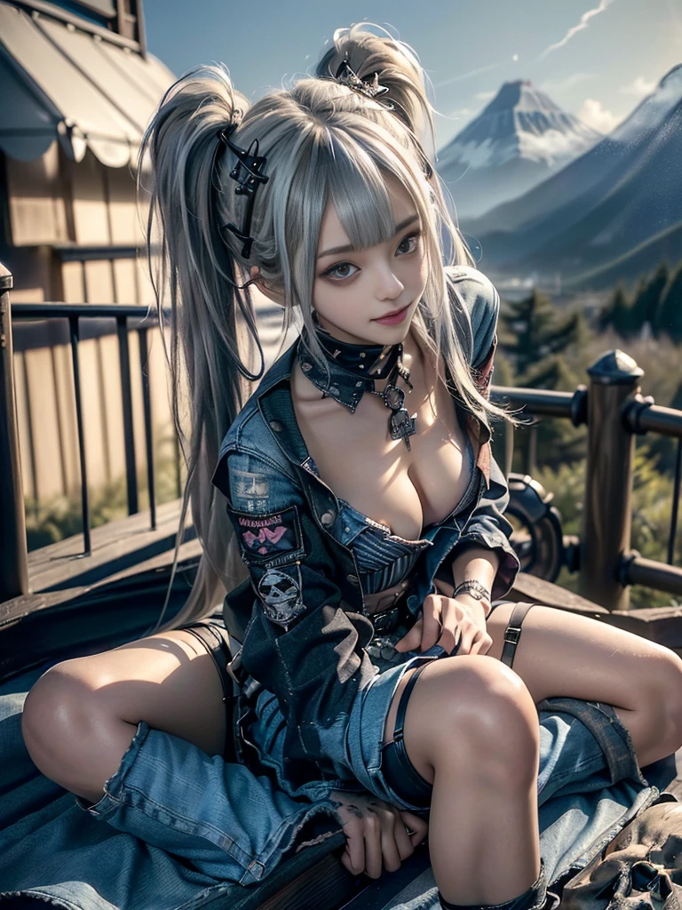 (Full Body View:1.3)、(Beautiful lips and nose:1.4)、(Long eyelashes:1.4)、(Side view:1.1)、(Smiling with teeth showing:1.3),(Shibuya Gal:1.5)、(Gothic ta delicately decorated dress:1.5)、(Tattered denim and black punk rock cargo pants:1.5)、(Denim and black navy skull mark small jacket:1.4)、(denim garter belt:1.5)、(Black and denim knee socks:1.3)、(Skull Silver Accessories:1.5)、(Denim collar:1.3)、(Brown Skin Belt:1.4)、(Brown boots:1.2)、(The underwear is striped:1.4)、31 years old、((Highest quality、In 8K、masterpiece:1.3))、Sharp focus:1.2、(Layered Cut、Huge boobs:1.1),Beautiful woman with perfect figure:1.4、(Dancing vigorously:1.3)、Slender Abs:1.2、Highly detailed face and skin texture、Detailed eyes、double eyelid,(Twin tails:1.3)、(Cream colored hair:1.3)、Gravure idol、(The background is a vast mountain with a clear view々Beautiful luxury resort destination in Europe:1.3)、(Slim body:1.2),(Make your legs thinner:1.4),(clavicle:1.1)