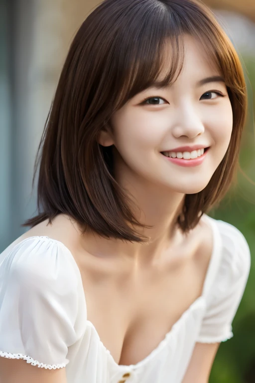 masterpiece, Highest quality, Photorealistic, Very detailed, finely, High resolution, 8k wallpaper, Professional, High level of detail, ((One 20-year-old girl:1.2)), Slender Japanese women,Pretty lips, Collarbone Detail, Medium Chest、Perfect Face, (Cute Short Hair:1.5), Chestnut Hair、Cute face、(Panchira images on the hill:1.5)、(Brown Skin:1.5)、(Full Body Shot:1.2)、(Cute Smile:1.5)、Balanced Professional Portion、nude、clear