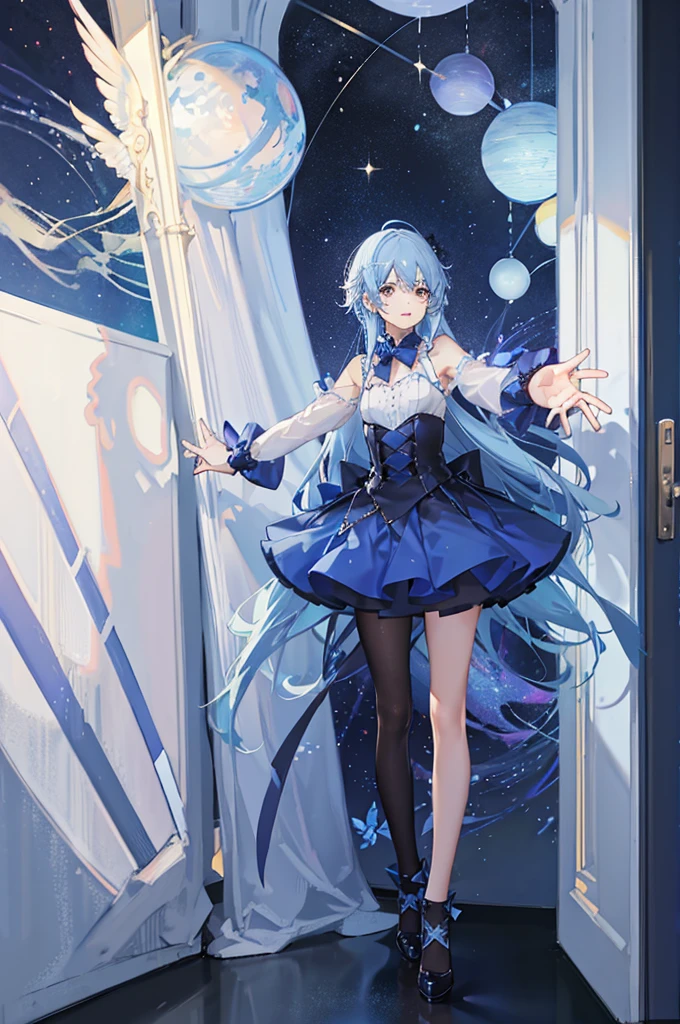 A boy around 7 years old with light blue hair, his arms outstretched in front of him, sparkling blue energy balls stored between his hands
