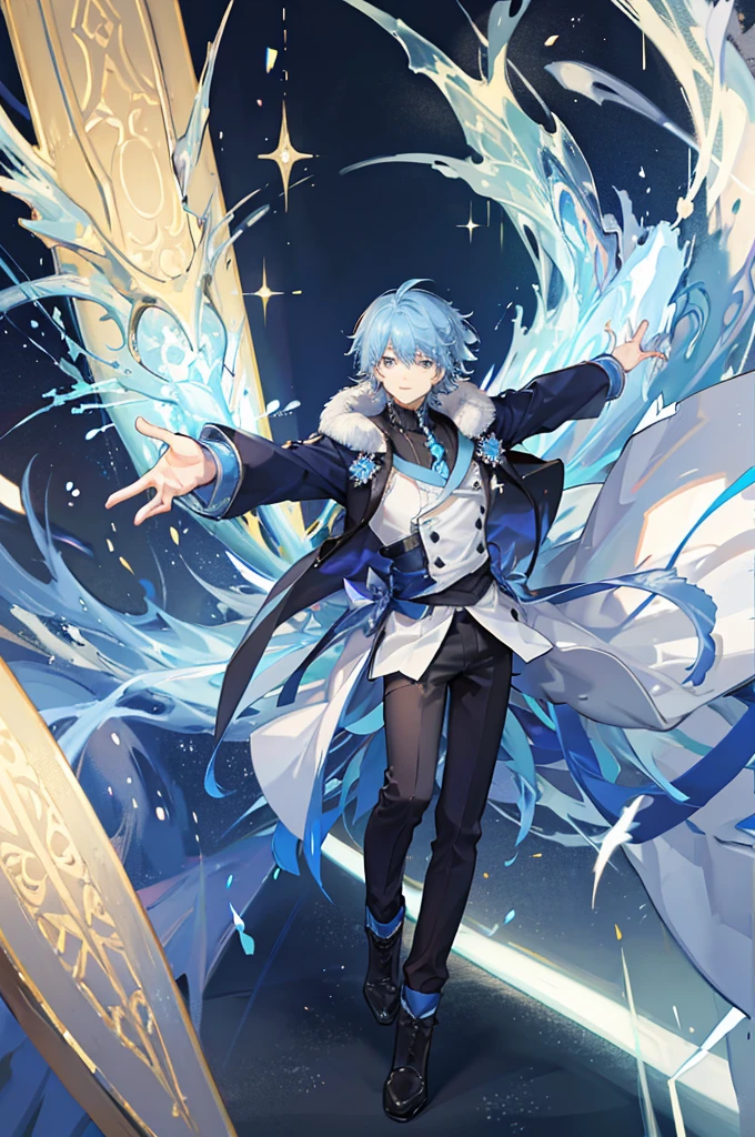 A boy around 7 years old with light blue hair, his arms outstretched in front of him, sparkling blue energy balls stored between his hands
