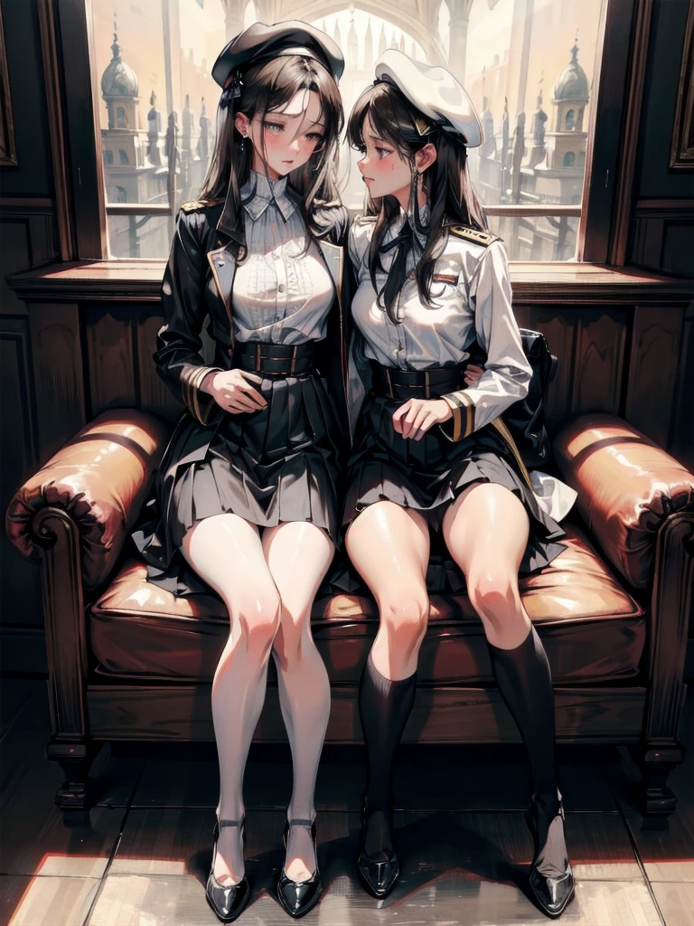 absurdres, RAW photo, extremely delicate and beautiful, masterpiece, Best Quality, ultra high resolution, 32k, hyperrealistic, ultra-detailed, delicate facial features, beautiful detailed woman, tearful mole, earring, medium breasts, full body shot, medium hair, black hair, 2 girls, yuri, beret, skirt, military uniform,