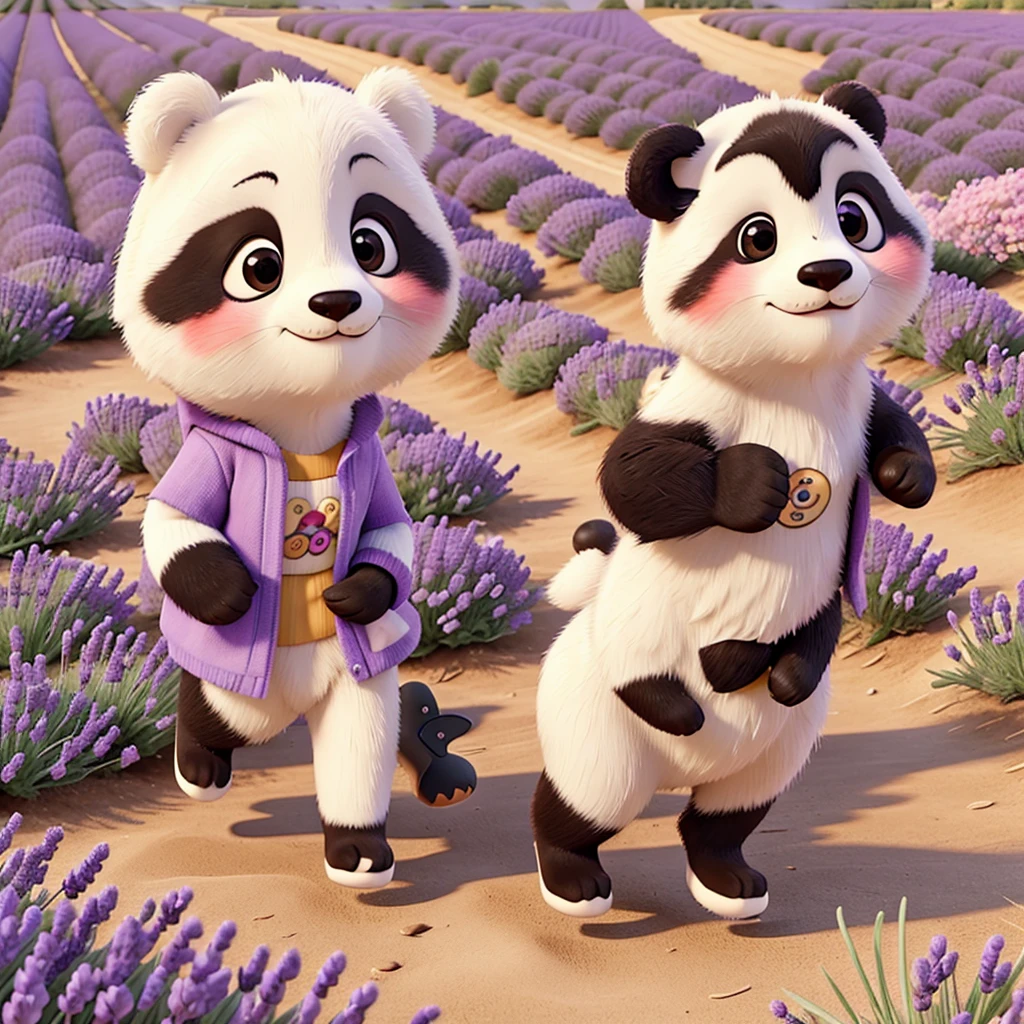 Beautiful girl with cute a panda running on a lavender field.