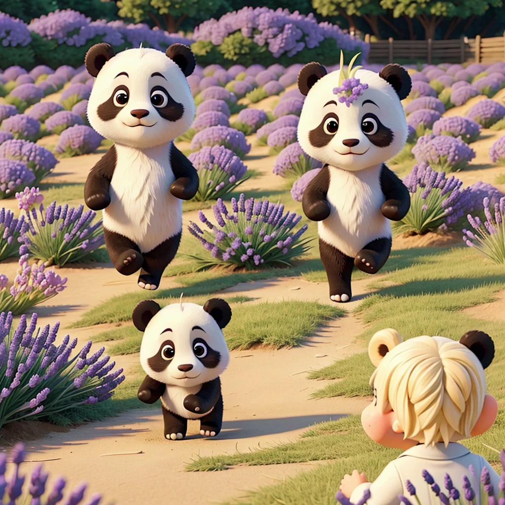 Beautiful girl with cute a panda running on a lavender field.
