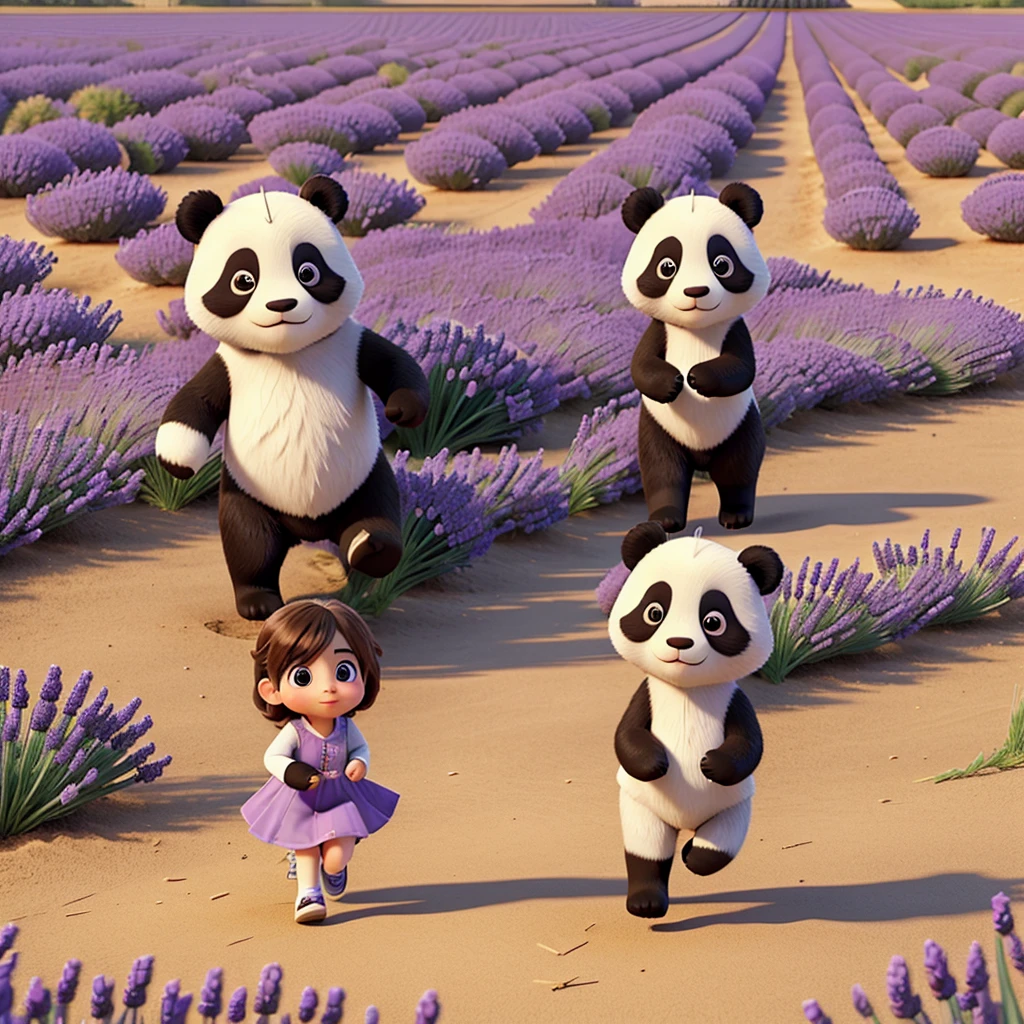 Beautiful girl with cute a panda running on a lavender field.