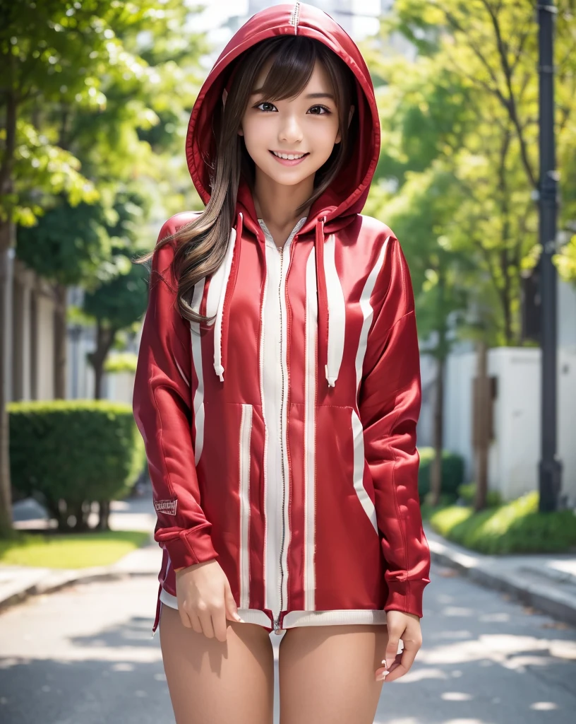 (Highest quality), (32k), (High resolution), (Masterpiece:1.5), marimo_jet, god々A photograph with brilliant dazzling and healing power., Evoking a sense of calm and elusive beauty, Expressing emotions, Have a rich imagination,Beautiful Japanese Girls, An exceptionally beautiful face, Small Face Beauty, Perfect Human Anatomy, Magical big eyes, Motherhood and generosity, Deep Love, fleeting smile, Shiny brown hair, Super Long Straight Silk Hair, Asymmetrical bangs, Hair between the eyes, Transparent, soft white skin, Sharp eyebrows, Thin lashes, Natural Makeup, Cheek highlighter, Detailed lips, , ((Red zip hoodie with front open:1.4)), White T-shirt, High resolutionの完璧な鎖骨, High resolutionの美しい胸元, Slim figure with ample breasts, High resolutionの美しい太もも, ((Early morning street:1.3)), Morning sunlight, Professional Lighting, Professional photographer, Professional models, god秘的