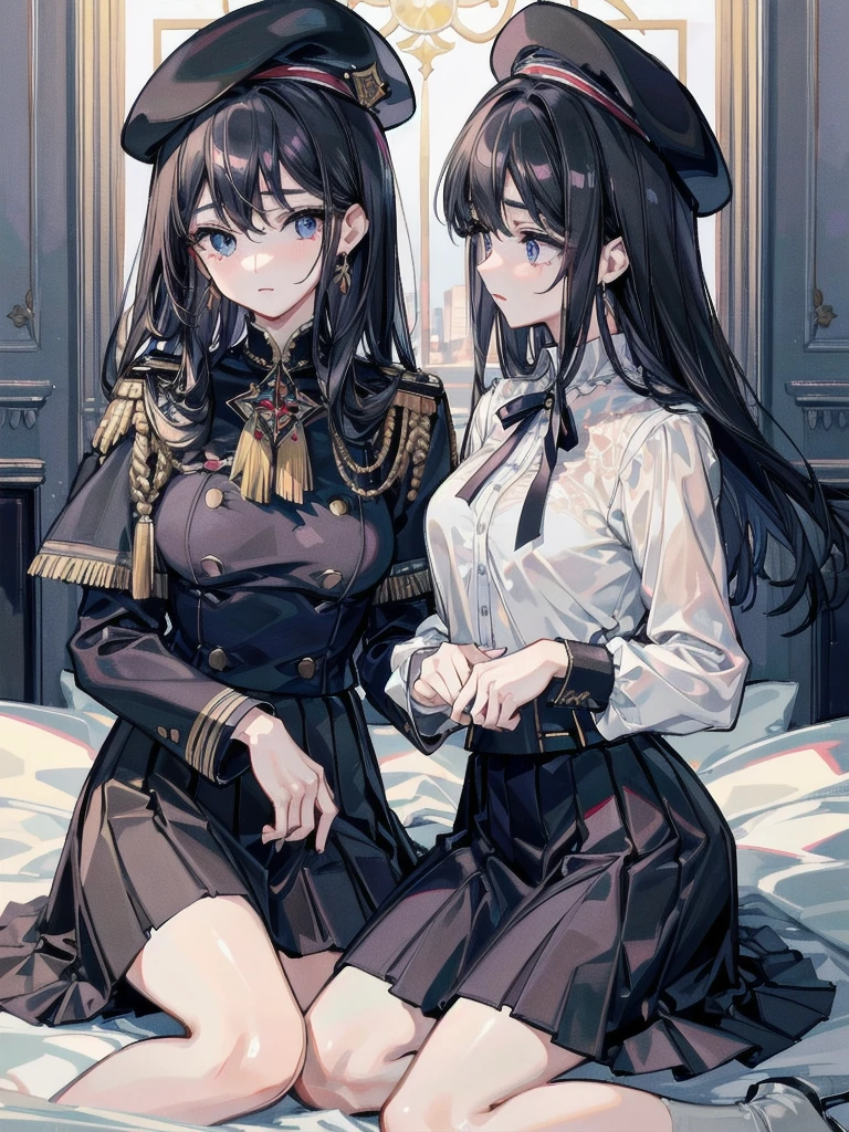 absurdres, RAW photo, extremely delicate and beautiful, masterpiece, Best Quality, ultra high resolution, 32k, hyperrealistic, ultra-detailed, delicate facial features, beautiful detailed woman, tearful mole, earring, medium breasts, full body shot, medium hair, black hair, 2 girls, yuri, beret, skirt, military uniform,