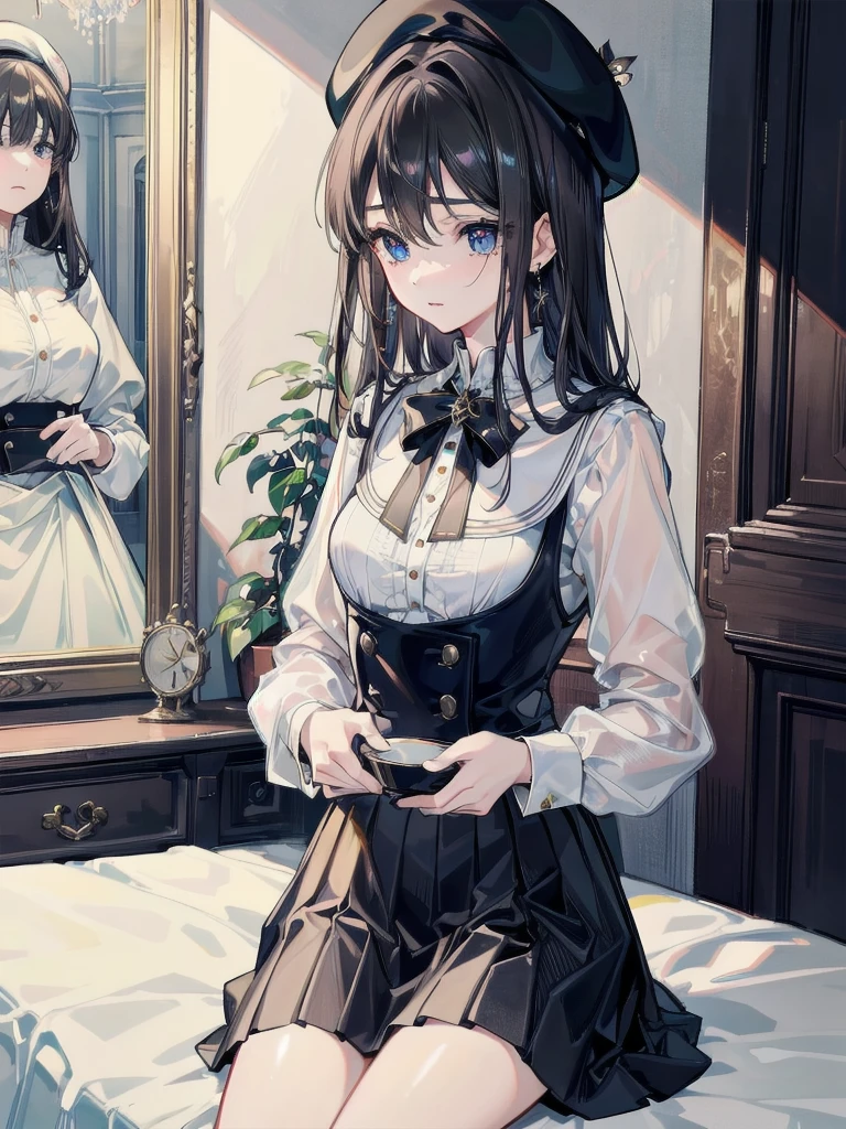 absurdres, RAW photo, extremely delicate and beautiful, masterpiece, Best Quality, ultra high resolution, 32k, hyperrealistic, ultra-detailed, delicate facial features, beautiful detailed woman, tearful mole, earring, medium breasts, full body shot, medium hair, black hair, 2 girls, yuri, beret, skirt, military uniform,