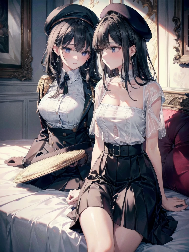 absurdres, RAW photo, extremely delicate and beautiful, masterpiece, Best Quality, ultra high resolution, 32k, hyperrealistic, ultra-detailed, delicate facial features, beautiful detailed woman, tearful mole, earring, medium breasts, full body shot, medium hair, black hair, 2 girls, yuri, beret, skirt, military uniform,