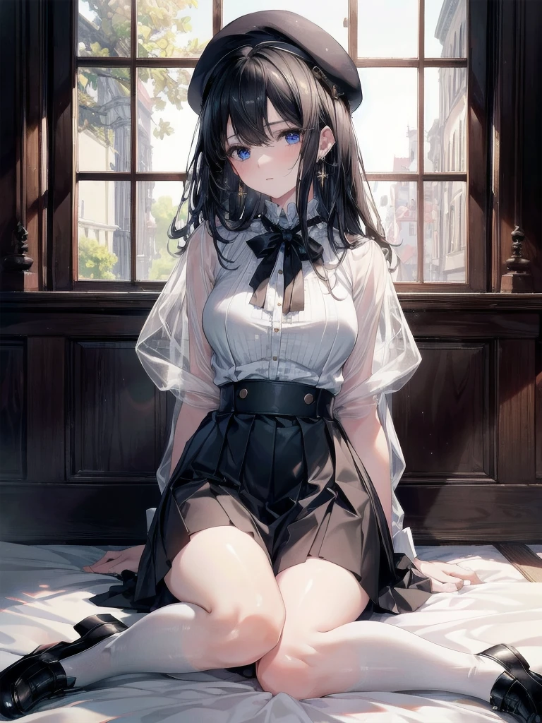 One Girl, Natural light, masterpiece, Very detailed, shape, Game CG, high quality, Medium Chest, Black Hair, black eye,Lightly curled twin tails, Glossy Lips, Looking down at the viewer, View your viewers,Lips parted, White blouse, short black pleated mini skirt, Sitting, (Crossing your legs:1.5),Beautiful legs,Beautiful fingers,Long, thin fingers,Lady,Plump thighs,Inside the room,Put your hands on your knees,Cool eyes,Young,cute, Black knee-high socks,White shorts