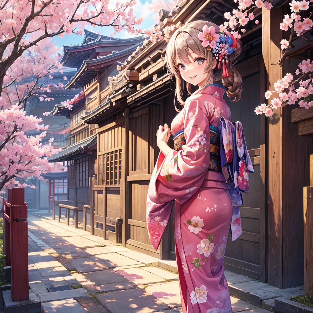 masterpiece, best quality, 1girl, wearing a flower pattern kimono, smiling, cherry blossoms, traditional Japanese street, Japanese pagoda, blue sky, anime style