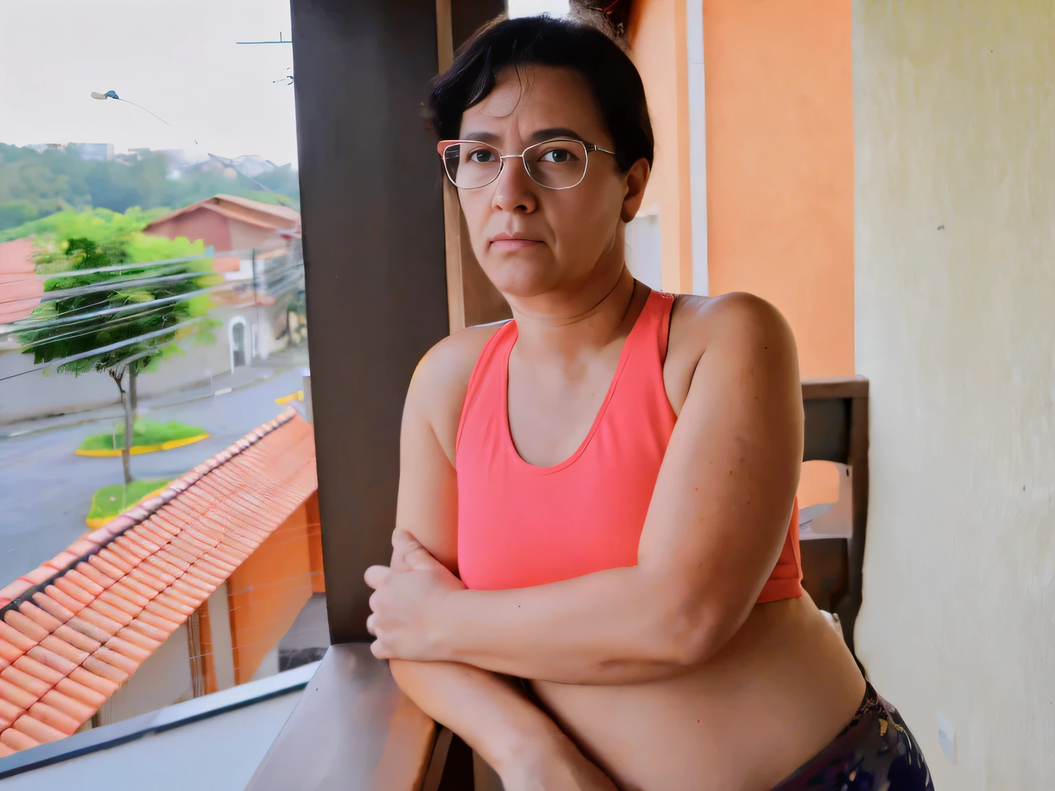 there is a woman that is standing on a balcony with her arms crossed, 3 5 year brazilian mother, malika favre, by Nándor Katona, portrait of a 40 years old women, 30-year-old woman from cuba, fernanda suarez, pilar, by Fernando Gerassi, by Gina Pellón