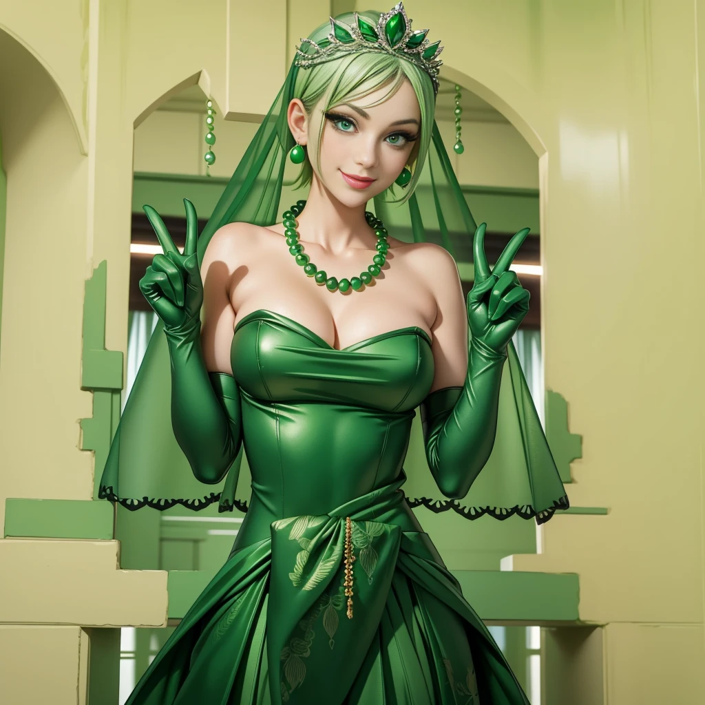 Emerald tiara, Green Pearl Necklace, Boyish very short green hair, lipstick, Smiling Japanese woman, Very short hair, Big and beautiful, Green Eyes, Long green satin gloves, Green Eyes, Vseyin, Emerald Earrings, Green veil, peace sign, 30-year-old woman, Bride in her 30s
