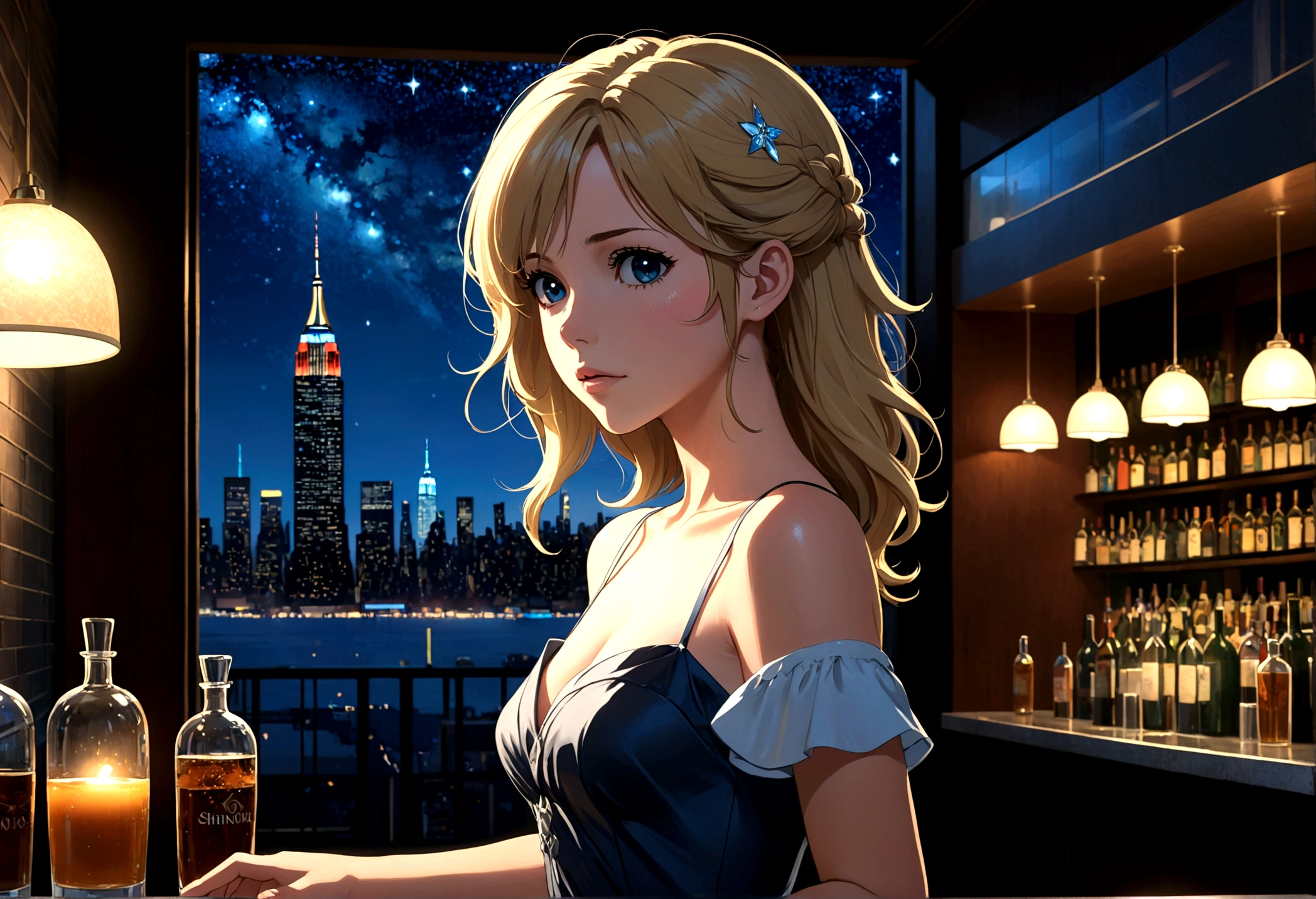 Uses Makoto Shinkai&#39;The depiction is perfect,Portrait of Kate Beckinsale,8k 4k masterpiece photo ,new york,Glass ceiling jazz bar,I can see the twinkling stars through the glass window.,that&#39;Outside in the dark night,Jazz is playing,profile,Beautiful profile,Calm expression,Semi-long hair,Blonde,Landscape,Look in a different direction,Standing alone at the counter,Tube top dress,Large bust