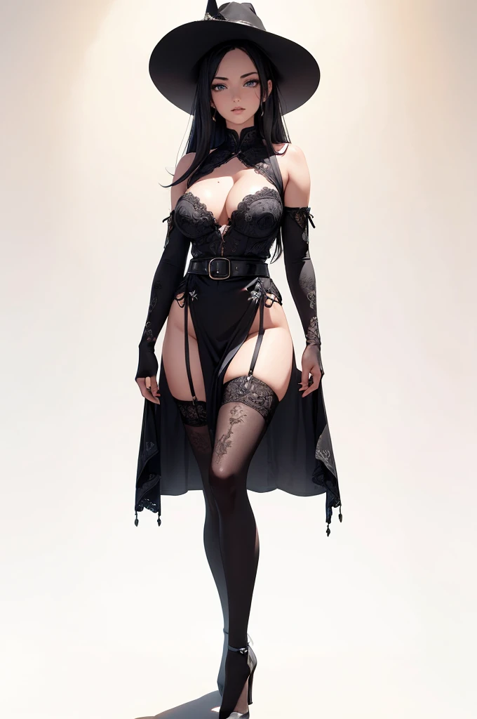((1girl, solo)), mature female, beautiful body, (perfect anatomy, perfect body, perfect hands, perfect legs), (five fingers:1.5), natural proportions, sexy body, large breasts, cowboy shot, (legs apart:1.3), confident stand, ((full body, full body front)) BREAK 

((extremely detailed face)), (beautiful detailed eyes:1.6), (realistic pupils, realistic iris:1), expressive eyes, looking at viewer, (clear eyes:1.3), (hyperrealistic:1.2), (detailed skin texture:1.2), smooth skin, (black hair:1.5), red eyes,  (detailed lips:1.2), (attractive lips:1.1), (glossy lips:1.1), (parted lips), perfect face, perfect eyes BREAK

(reveling clothes:1.5), witch hat, black dress, cleavage cutout, bare shoulders, detached sleeves, fingerless gloves, ((belt)), (pelvic curtain:1.3), thighs, thigh gap, (groin:1.5), ((no panties)), (black thighhighs:1.5), black footwear BREAK

(masterpiece:1.5), anime-style, top quality, best quality, (beautiful and aesthetic:1.2), (ultra detail:1.5), Ultra-detailed depiction, Ultra-precise depiction, extremely detailed 8k illustration, high resolution, (highly detailed shading:1.2), (realistic lighting:1.4), perfect lighting, vibrant colors, dynamic tones, striking hues, 8k, absurd resolution, perfect shadows, hdr, UHD, ambient lighting, realistic, ultra-realistic, photo realistic, highly detailed, rich detail, luminous colors, fine texture, intricate design, professional illustration, (soft light:1.2), (illustration:0.7)