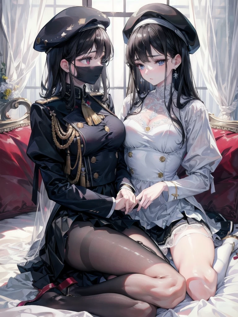 absurdres, RAW photo, extremely delicate and beautiful, masterpiece, Best Quality, ultra high resolution, 32k, hyperrealistic, ultra-detailed, delicate facial features, beautiful detailed woman, tearful mole, earring, medium breasts, full body shot, medium hair, black hair, 2 girls, yuri, beret, skirt, military uniform,