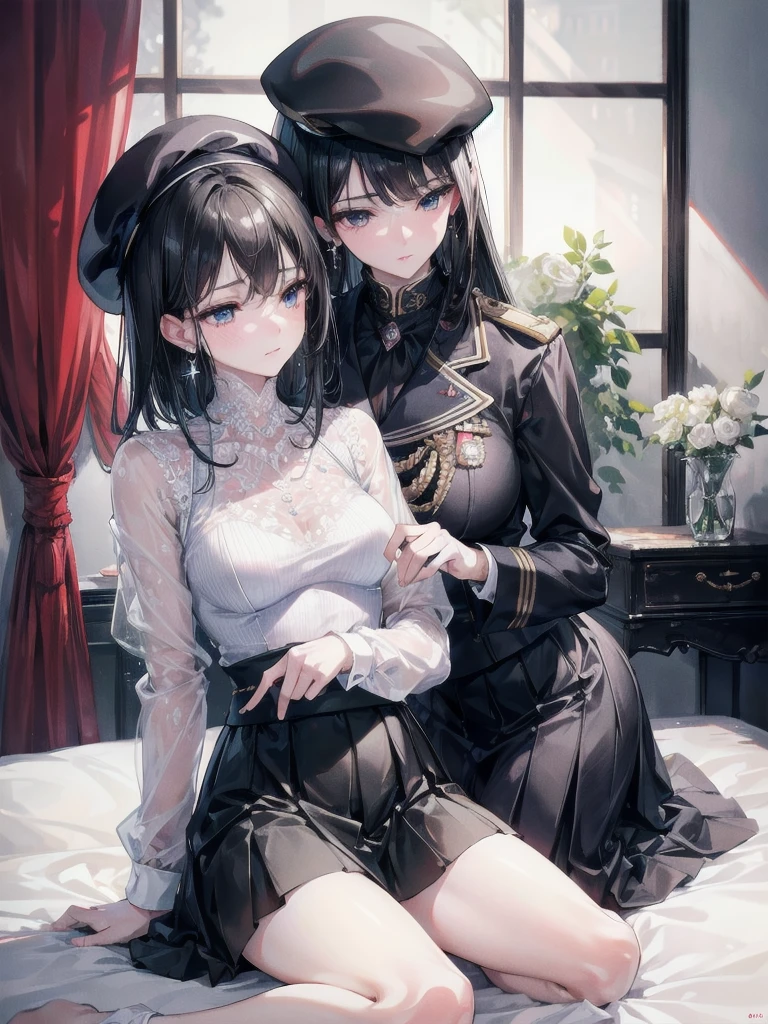 absurdres, RAW photo, extremely delicate and beautiful, masterpiece, Best Quality, ultra high resolution, 32k, hyperrealistic, ultra-detailed, delicate facial features, beautiful detailed woman, tearful mole, earring, medium breasts, full body shot, medium hair, black hair, 2 girls, yuri, beret, skirt, military uniform,