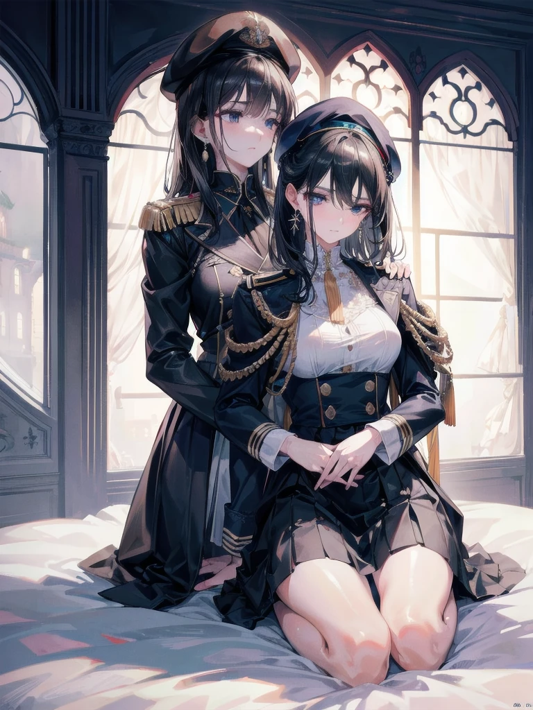absurdres, RAW photo, extremely delicate and beautiful, masterpiece, Best Quality, ultra high resolution, 32k, hyperrealistic, ultra-detailed, delicate facial features, beautiful detailed woman, tearful mole, earring, medium breasts, full body shot, medium hair, black hair, 2 girls, yuri, beret, skirt, military uniform,