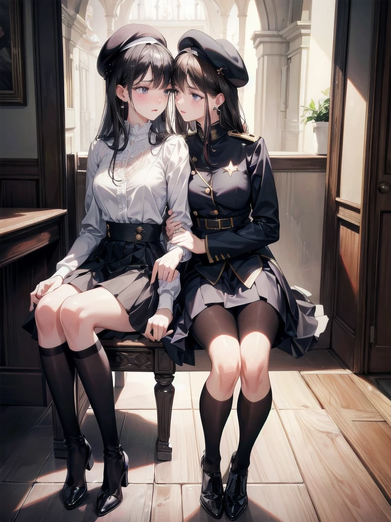 absurdres, RAW photo, extremely delicate and beautiful, masterpiece, Best Quality, ultra high resolution, 32k, hyperrealistic, ultra-detailed, delicate facial features, beautiful detailed woman, tearful mole, earring, medium breasts, full body shot, medium hair, black hair, 2 girls, yuri, beret, skirt, military uniform,