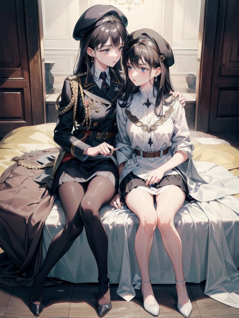 absurdres, RAW photo, extremely delicate and beautiful, masterpiece, Best Quality, ultra high resolution, 32k, hyperrealistic, ultra-detailed, delicate facial features, beautiful detailed woman, tearful mole, earring, medium breasts, full body shot, medium hair, black hair, 2 girls, yuri, beret, skirt, military uniform,