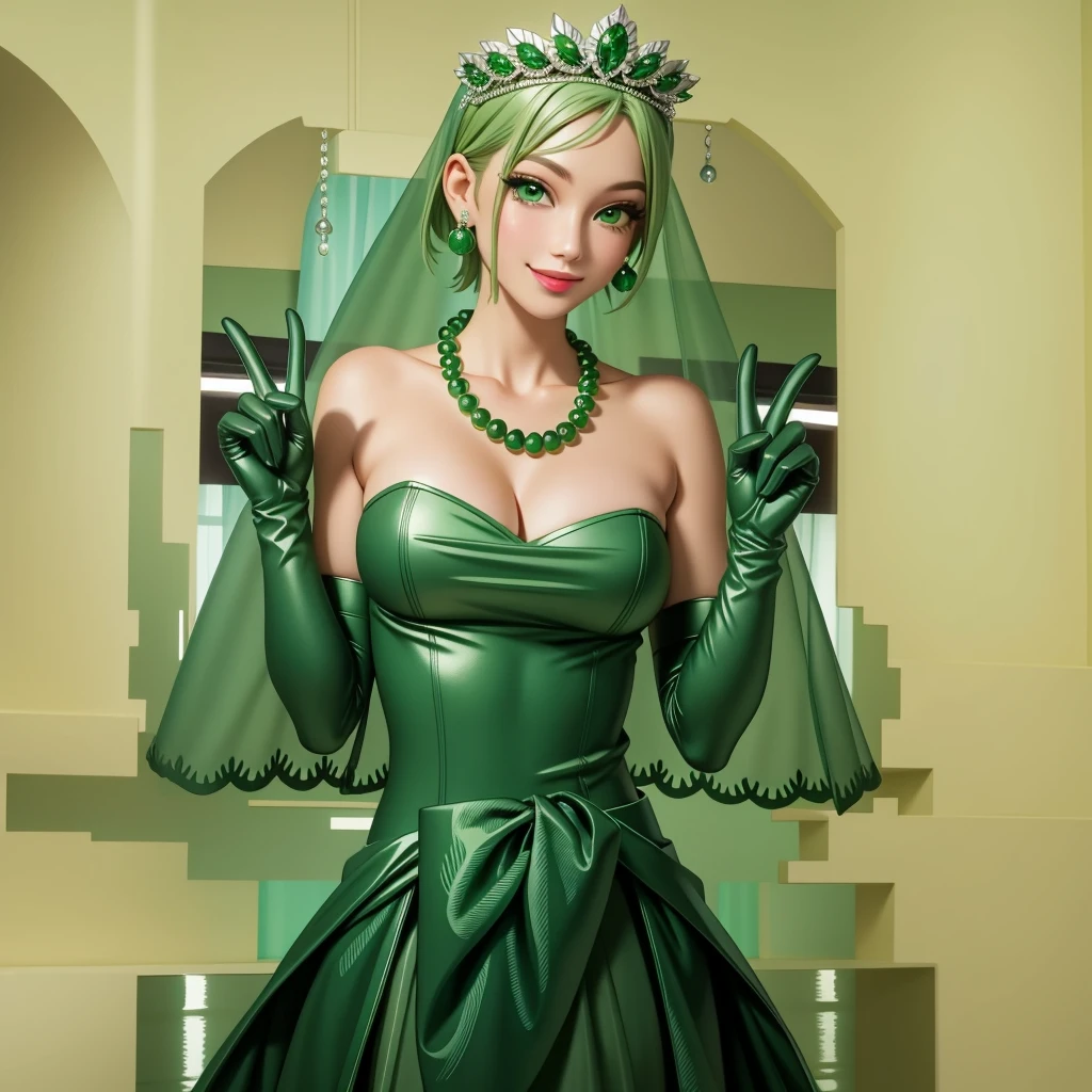 Emerald tiara, Green Pearl Necklace, ボーイッシュな非常に短いGreen Hair, Green Lips, Smiling Japanese woman, Very short hair, Busty beautiful lady, Green Eyes, Green satin long gloves, Green Eyes, Emerald Earrings, Green veil, all of, Green Hair, Beautiful Japanese Women, green lip gloss