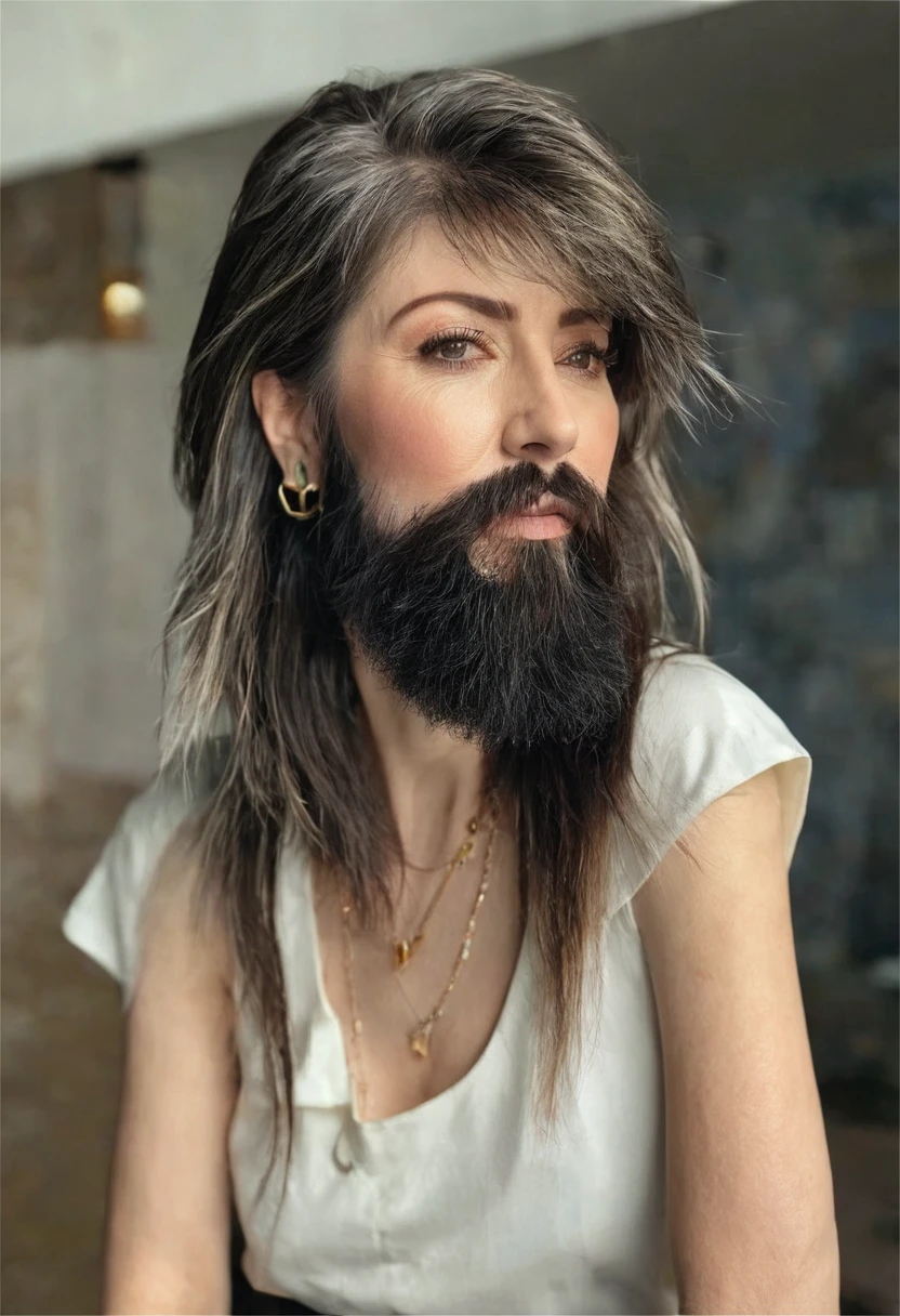 bearded woman with mullet cut