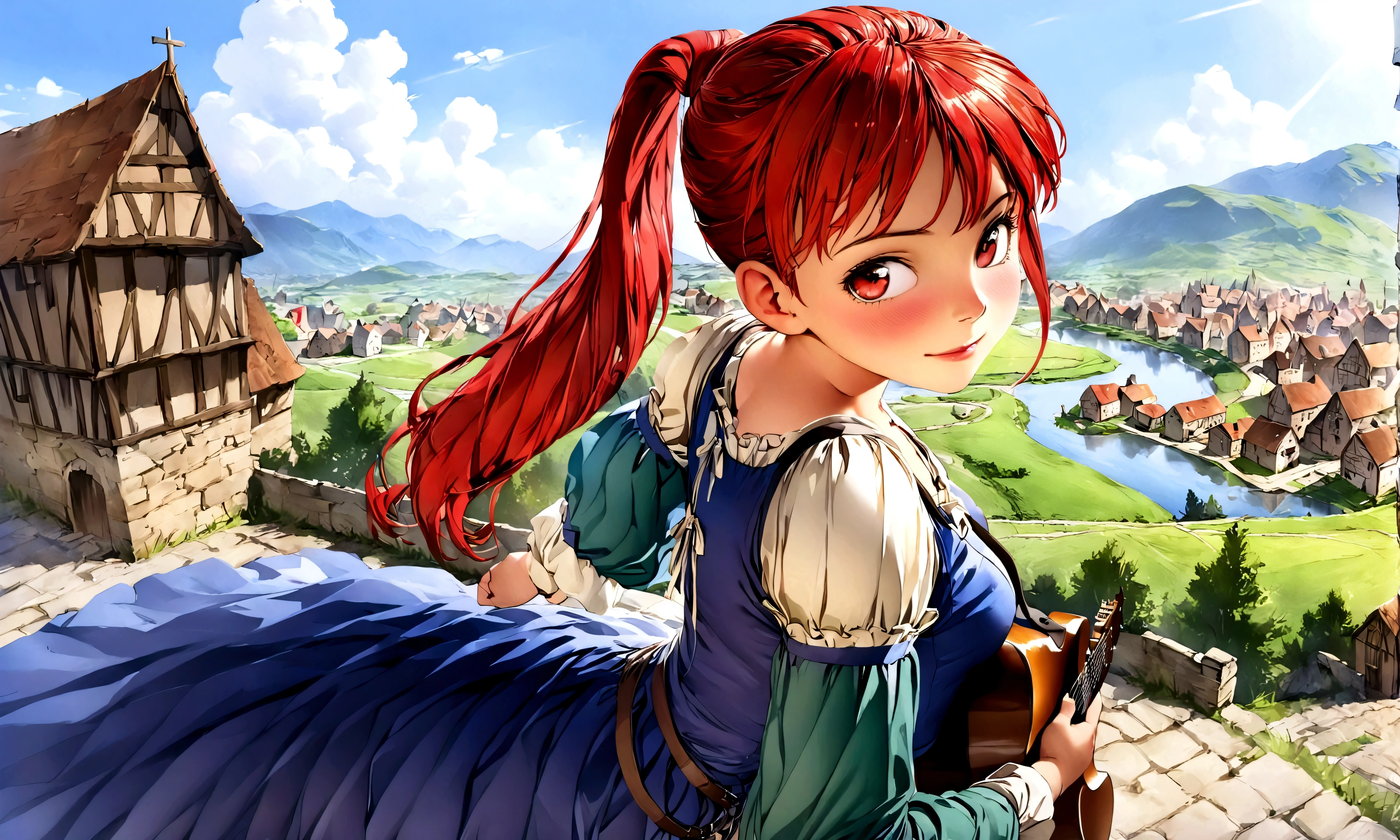 (((Top quality, 4k, 8k, high resolution, masterpiece: 1.2))), (super detailed), (realistic), (photorealistic), (photorealistic: 1.37), (HDR, UHD), (studio (lighting)), ultra-fine drawing, sharp focus, physically based rendering, highly detailed, professional, vibrant colors, perfect ditaile hand, highly detailed realistic eyes, 

kawaii, qute, 
(((Long shot, Panorama, Distant view, Vast landscape))), knees, feet, looking at viewer,

playing the guitar, 

girls, multiple girls, one girl, 
short hair, medium hair, medium length, long hair, ponytail, 
red hair, blue hair, blonde hair, green hair, pink hair, 

medieval European clothing, Citizen's Clothing from Medieval Europe, miniskirt, mid-length skirt, long skirt, chinos pants, 

Medieval European town, Medieval European rural village, Rural grassland, Mountain view, Rural river, Irrigation canal, 
