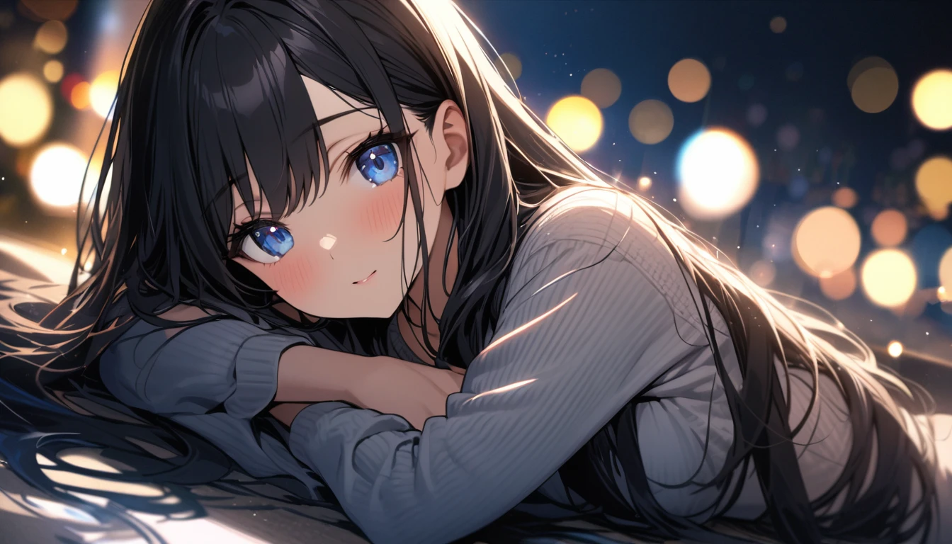 Full resolution, Highest quality, masterpiece, Full HD, Bokeh, particle Bokeh, Depth of written boundary,  Beautiful girls, Very detailed, One girl, pretty girl, Black Hair, Long Hair, Blue water eyes