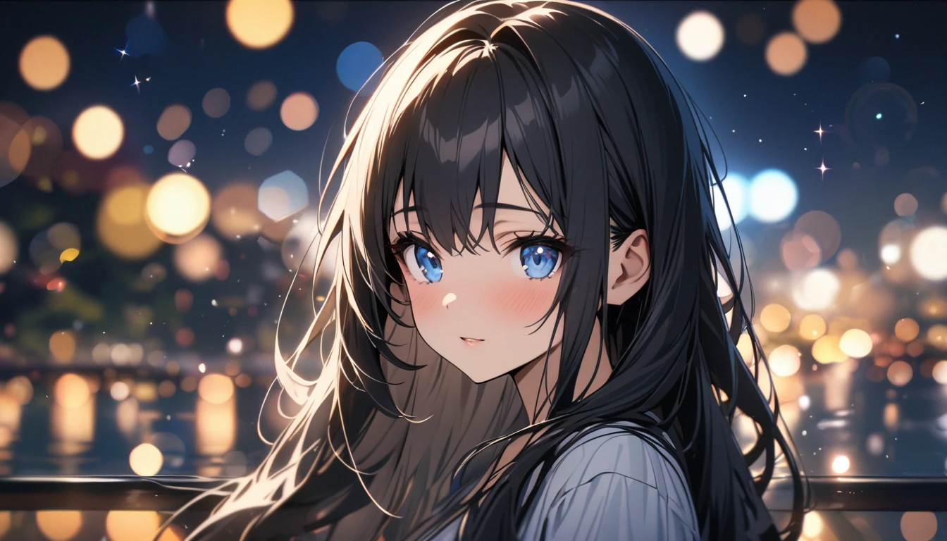 Full resolution, Highest quality, masterpiece, Full HD, Bokeh, particle Bokeh, Depth of written boundary,  Beautiful girls, Very detailed, One girl, pretty girl, Black Hair, Long Hair, Blue water eyes