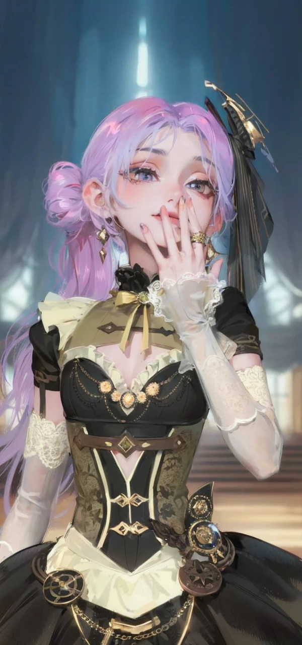 Best quality, masterpiece, purple eyes, high quality hair, purple hair, yellow eyes, high quality eyes